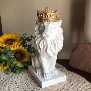 White Resin Lion Statue with Gold Crown - Decorative Home Art